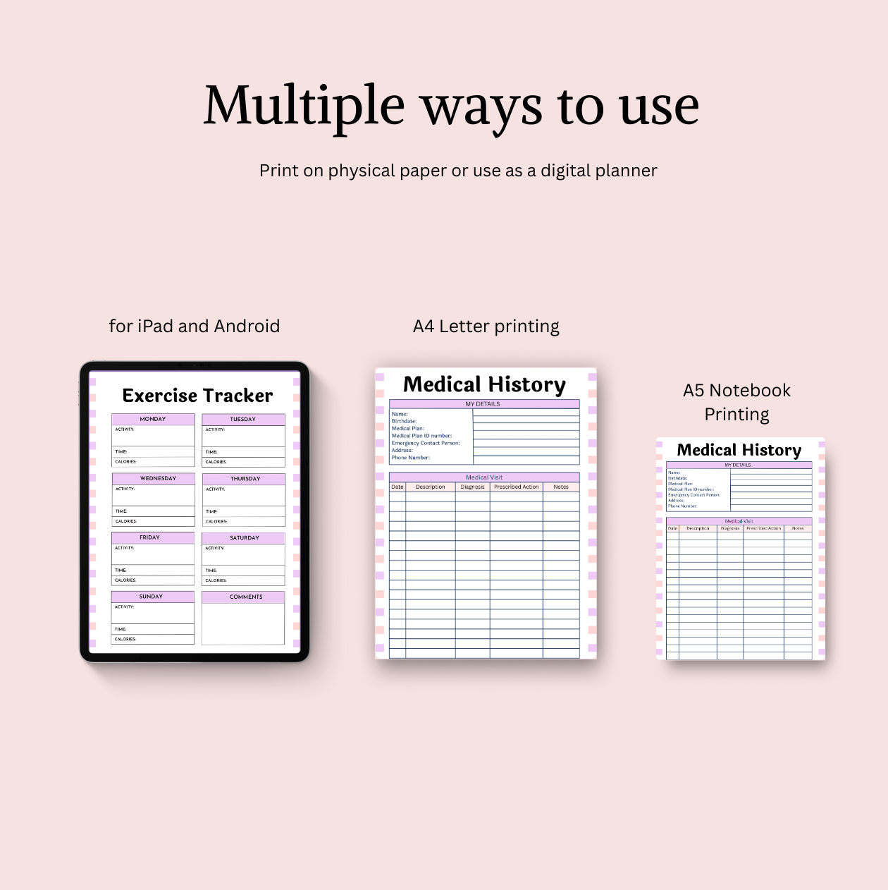 Digital planner with exercise tracker and medical history forms on a pink background